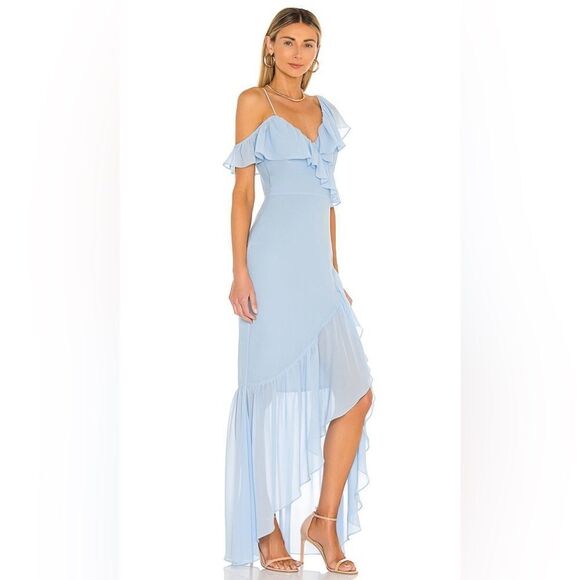 NWT Lovers + Friends Karen Maxi Blue Dress Sheer Asymmetrical Size S - Picture 4 of 9